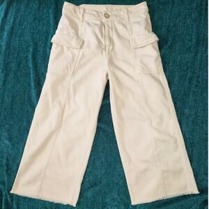 Anthropologie Wide Leg Cropped Raw Hem Cream Jeans Cargo Pockets Size 10 EUC